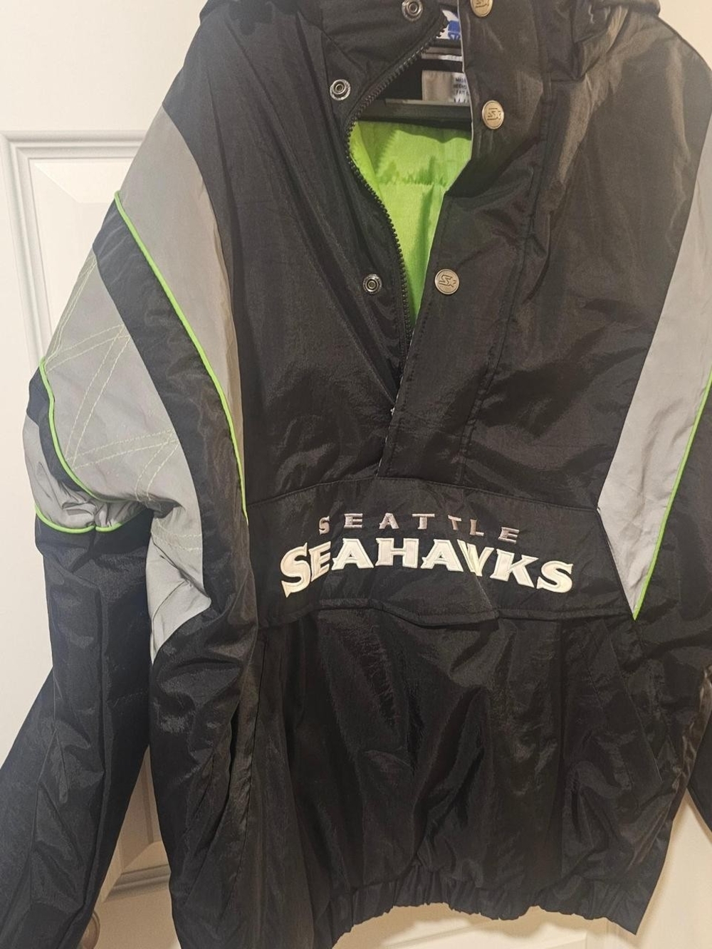STARTER Black Windbreaker with Gray Panels and Neon Green Trim